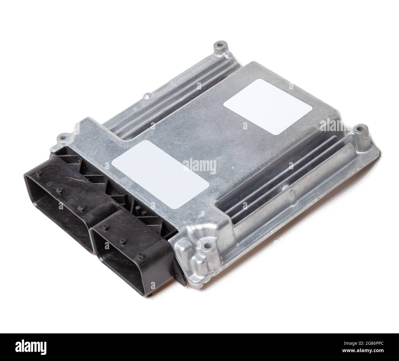 Metallic car engine control unit with plastic elements on a white