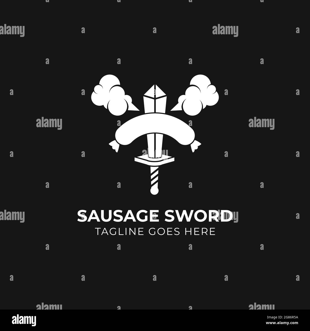 Sausage grill with sword and smoke, design inspiration for restaurant logo Stock Vector