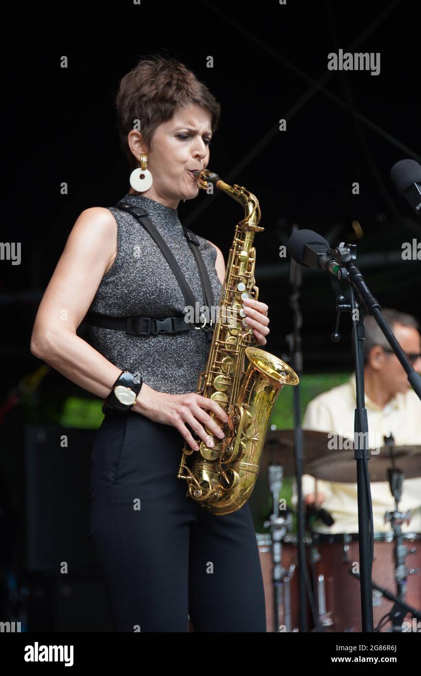 26 June 2021, Schleswig-Holstein, Timmendorfer Strand: Karolina Strassmayer, is an Austrian jazz musician and plays alto and soprano saxophone, as well as flute. Photo: Lutz Knauth/dpa-Zentralbild/ZB Stock Photo