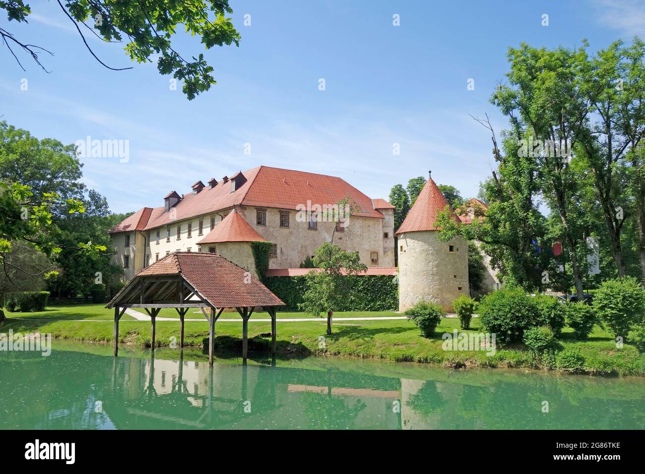 Otocec Castle on the isle of Krka River, Southeast façade, Dolenjska, Slovenija. Stock Photo