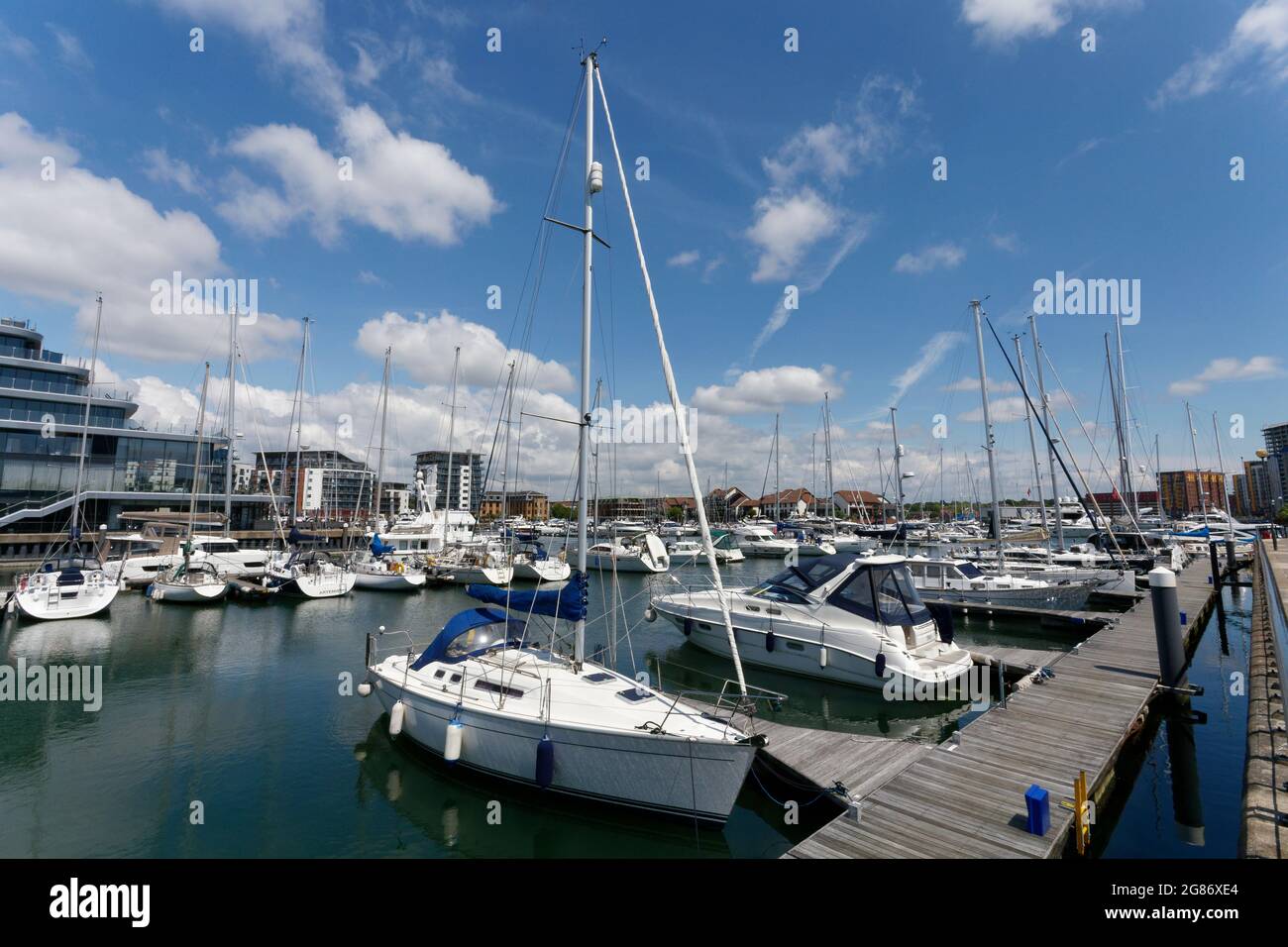 Yachts moored in Ocean Village Southampton Hampshire Stock Photo