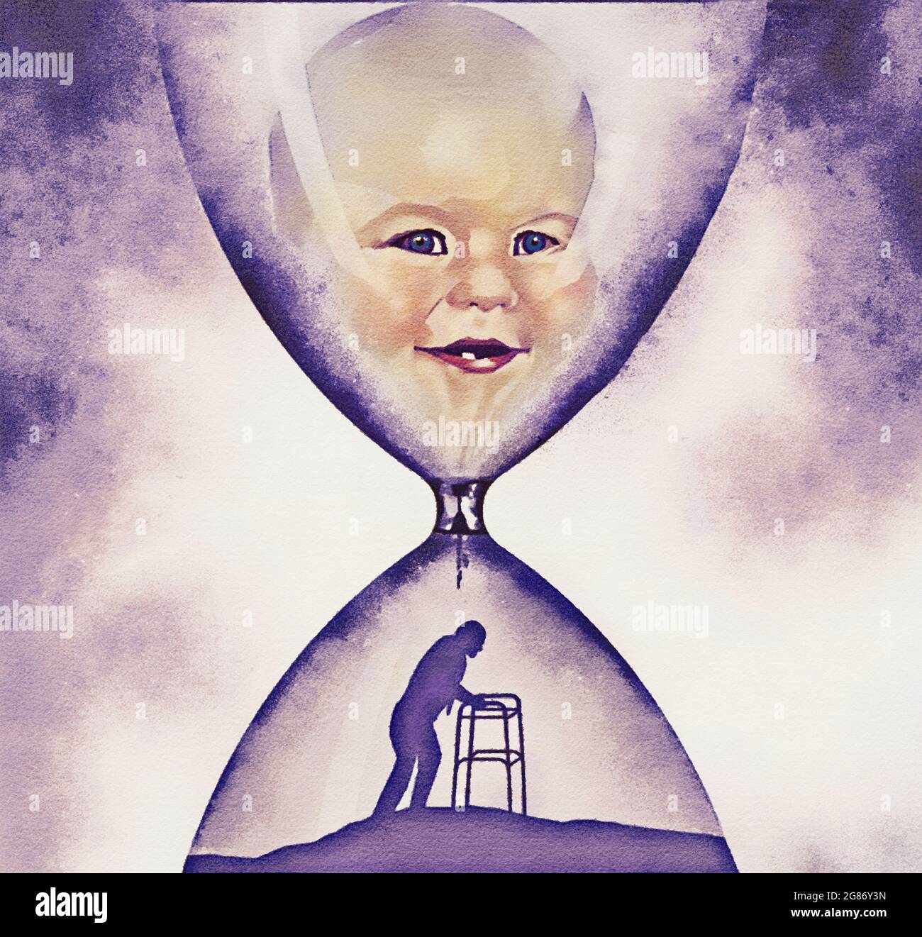 A baby’s face is in the top of an hourglass and below is an old man he becomes over time in this 3-d illustration about aging. Stock Photo