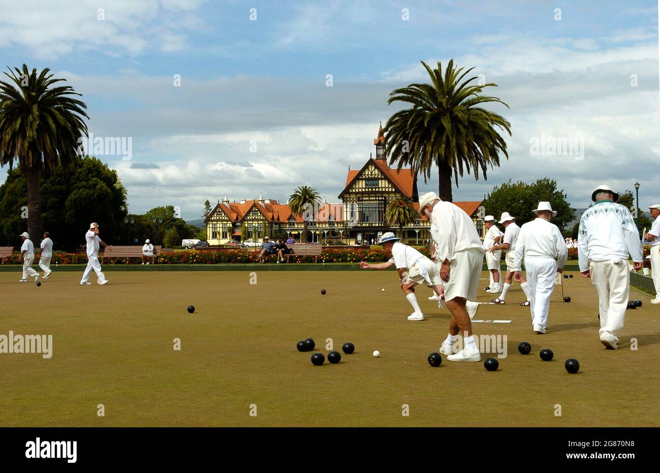 Rotorua bowling club. New Zealand, North Island, Rotorua. Lawn bowls Stock Photo