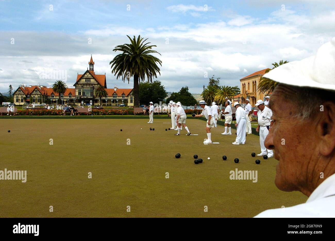 Rotorua bowling club. New Zealand, North Island, Rotorua. Lawn bowls Stock Photo