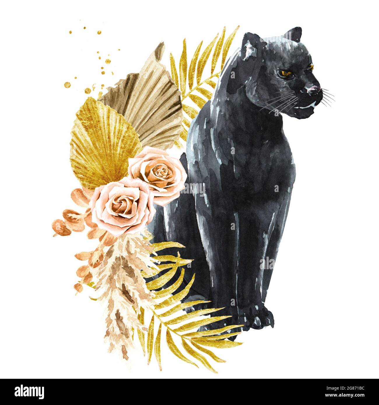 Black Panther or Jaguar with exotic Leaves and flowers. Watercolor hand