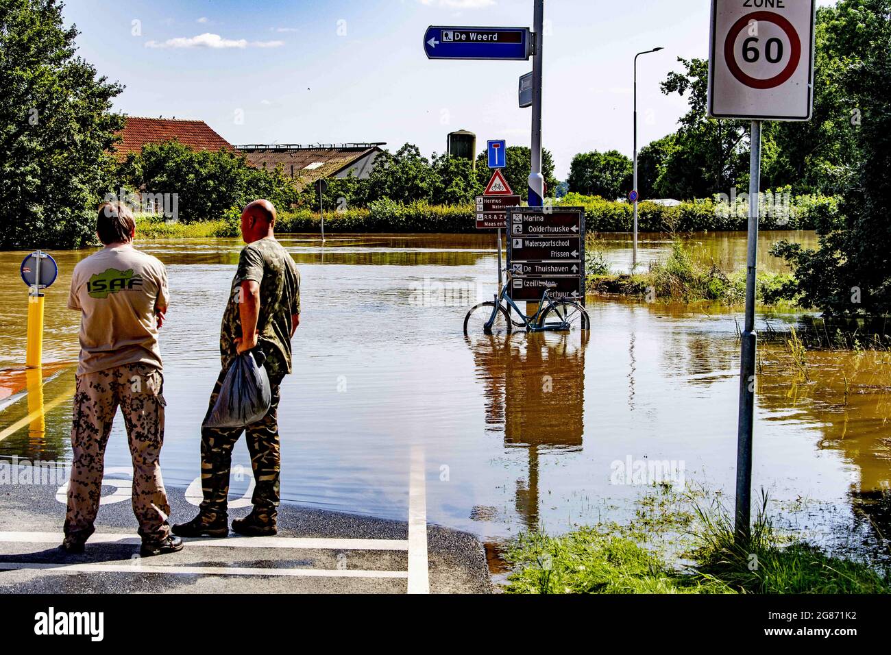 The Dikes built for stopping sea water from flooding the city in Arcen,  province of Limburg, Netherlands, on July 17, 2021. The dike built with  sandbags broke through on Saturday morning. Residents