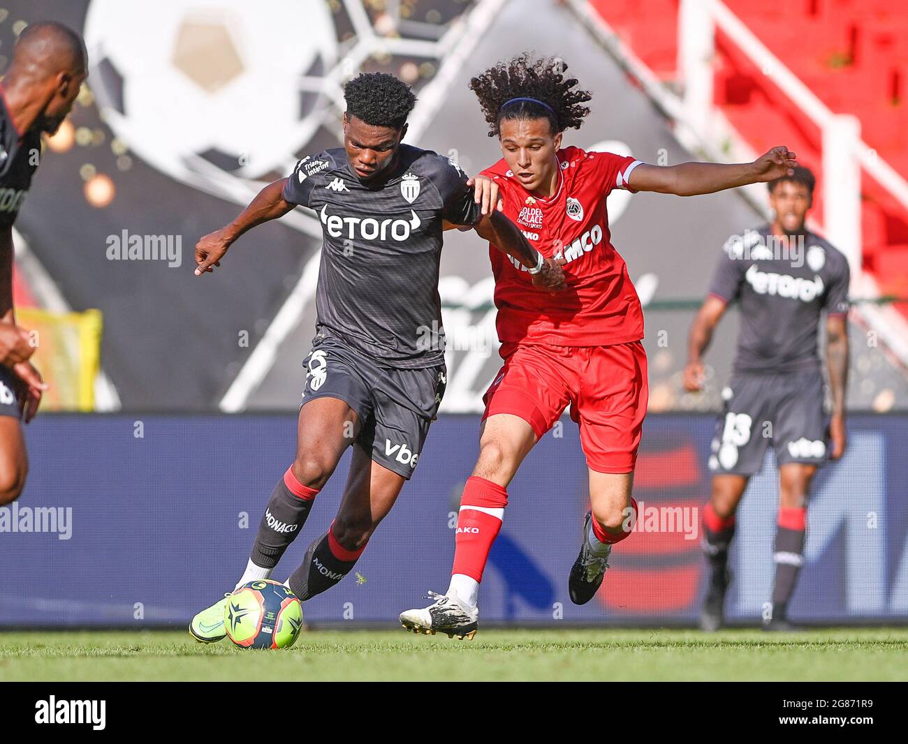 Monaco's Axel Disasi and Antwerp's Adam Zaanan pictured in action during a friendly soccer game between Belgian Royal Antwerp FC and French AS Monaco, Stock Photo
