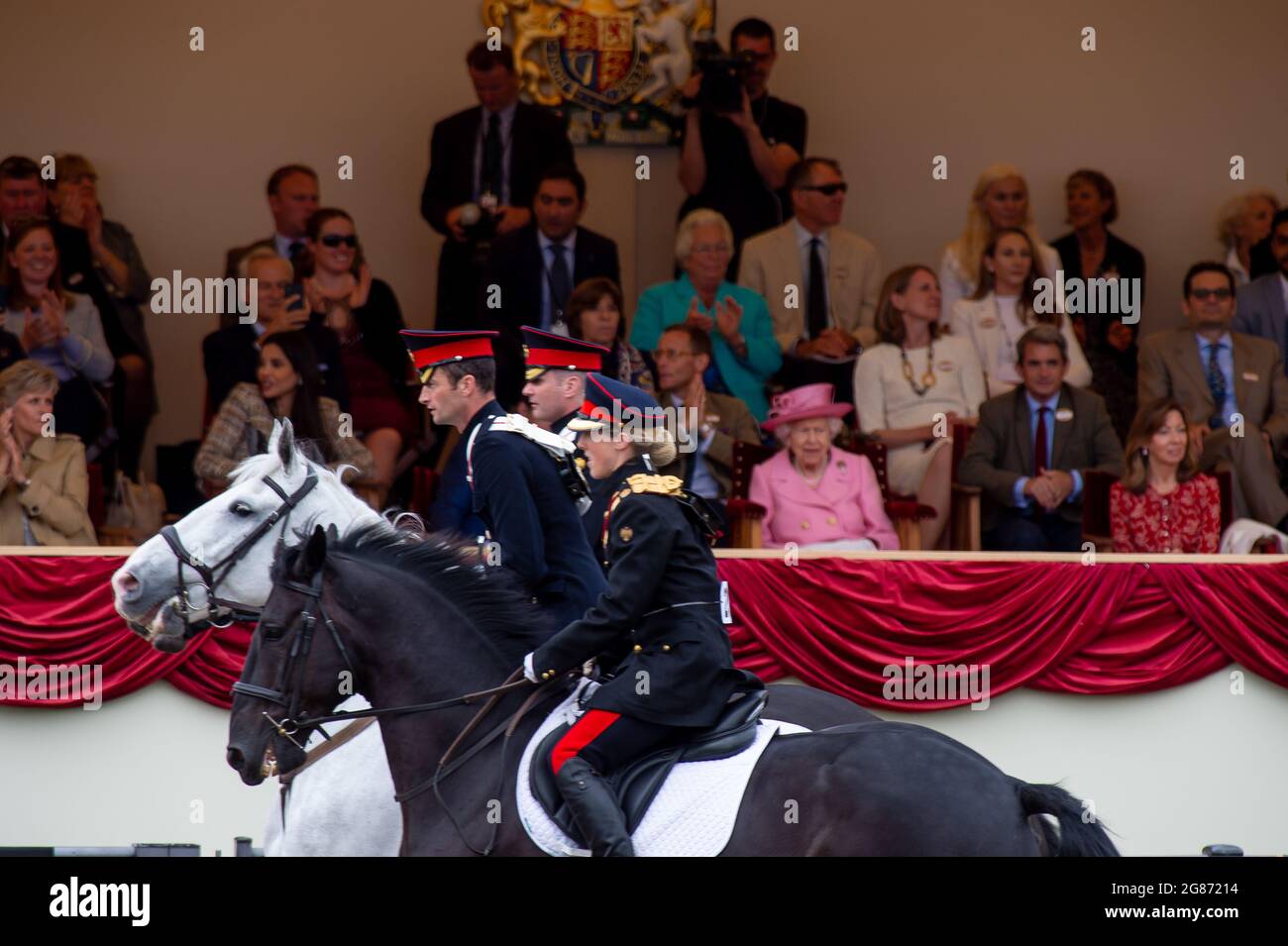 Windsor, Berkshire, UK. 3rd July, 2021. Queen Elizabeth II wore a pale pink coat and hat this afternoon in the Royal Box at Royal Windsor Horse Show as she watched the Land Rover Services Team Jumping Parade. Credit: Maureen McLean/Alamy Stock Photo