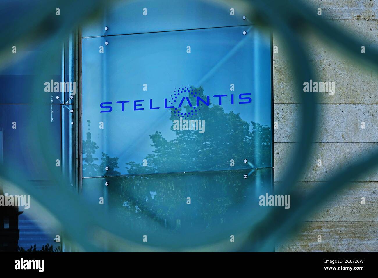 Logo of automotive company Stellantis,  PSA and FCA fusion of industries. Turin, Italy - July 2021 Stock Photo
