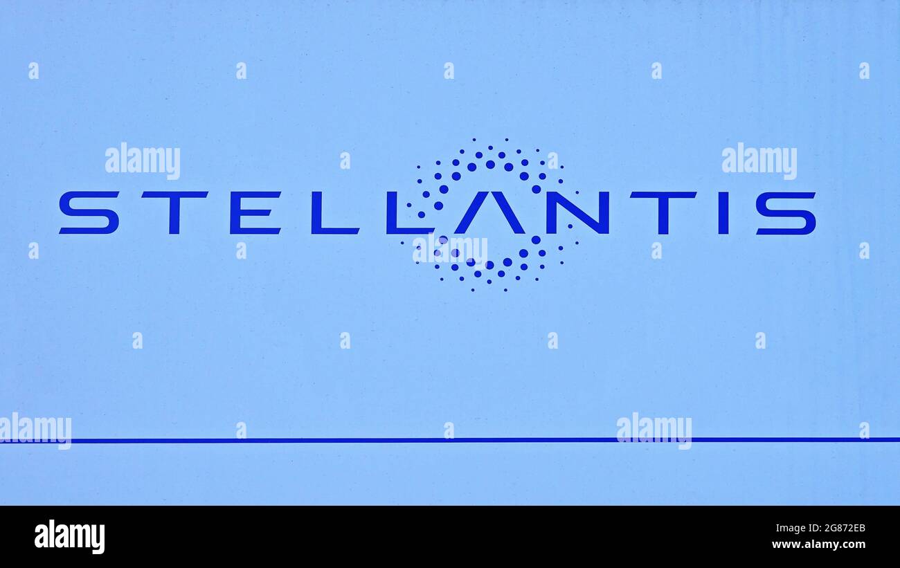 Logo of automotive company Stellantis,  PSA and FCA fusion of industries. Turin, Italy - July 2021 Stock Photo