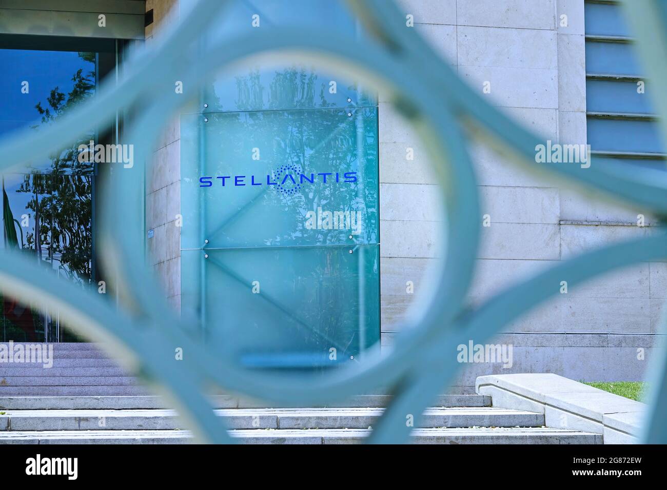 Logo of automotive company Stellantis,  PSA and FCA fusion of industries. Turin, Italy - July 2021 Stock Photo