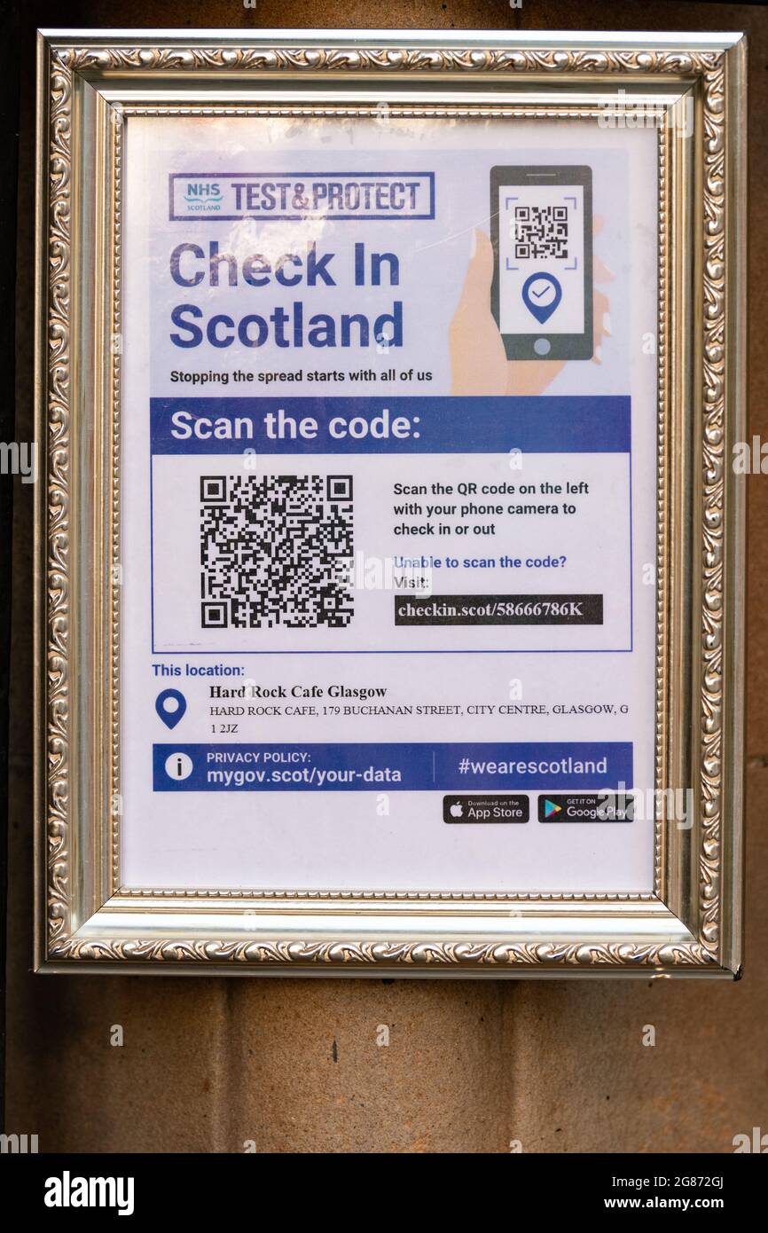 Test and Protect NHS Scotland notice sign and QR Code at entrance to Hard Rock Cafe, Glasgow, Scotland, UK during coronavirus pandemic Stock Photo