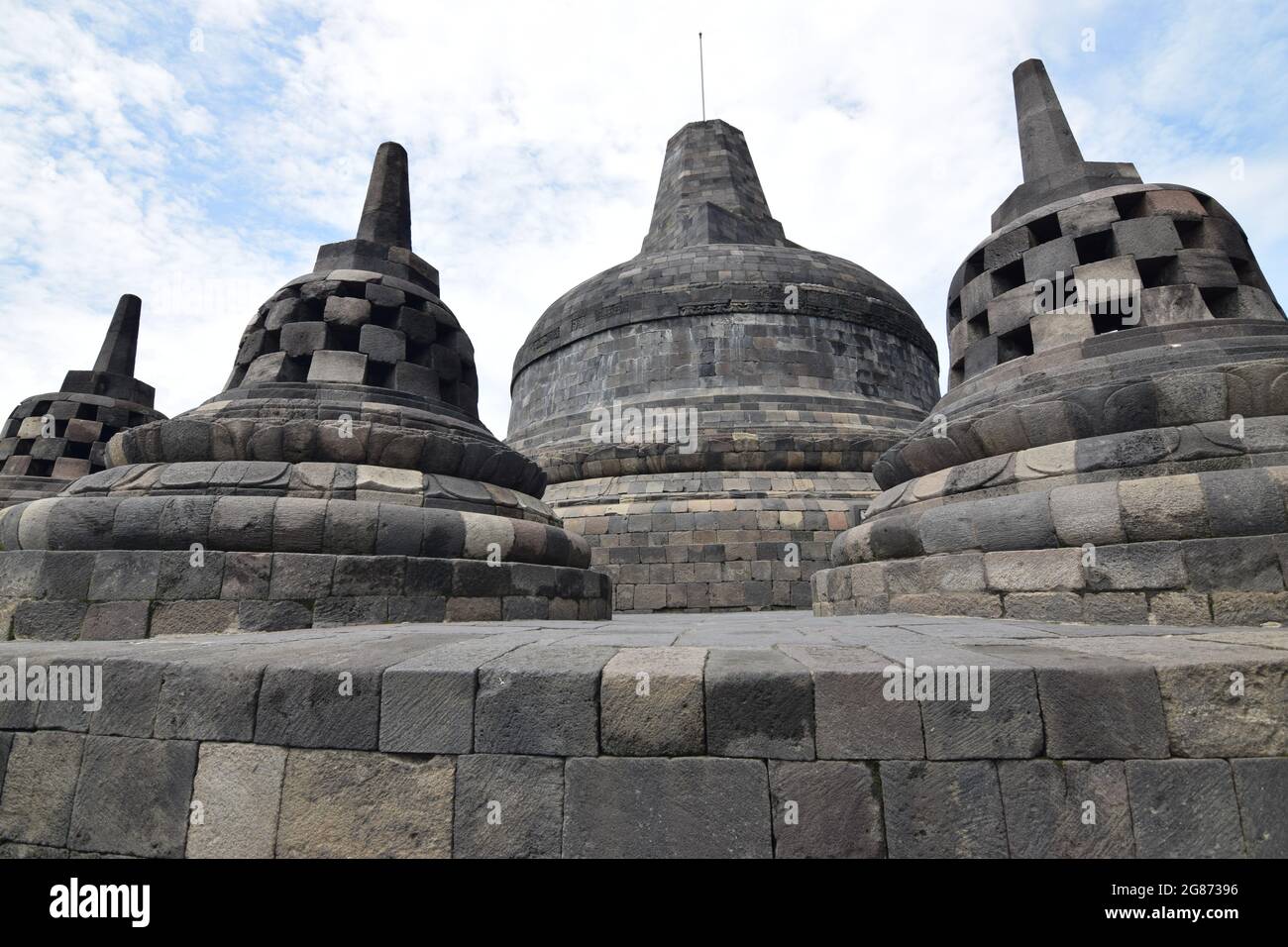 UNESCO World Heritage Site: Stupas on the Borobudur Temple in Java Stock Photo