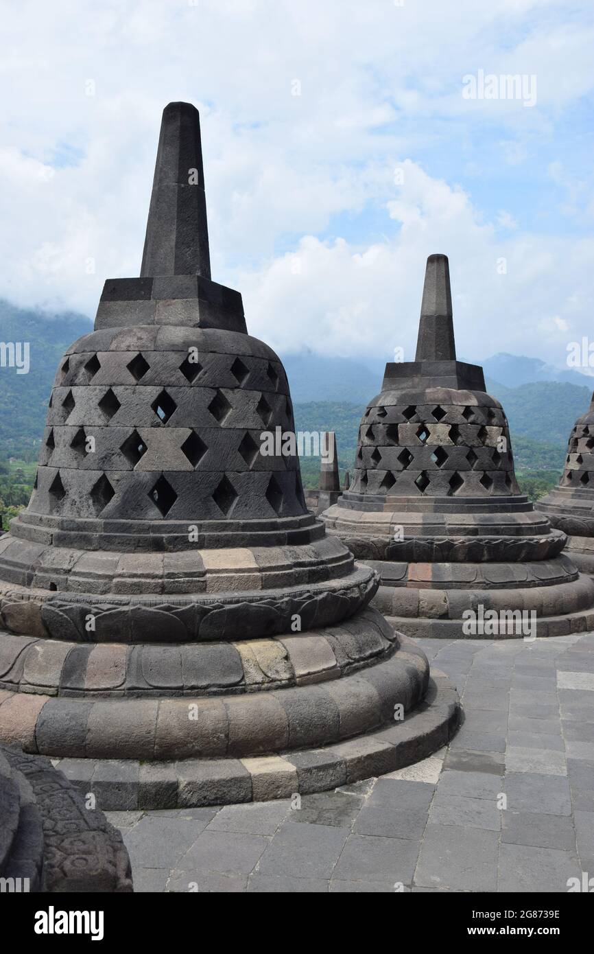 UNESCO World Heritage Site: Stupas on the Borobudur Temple in Java Stock Photo