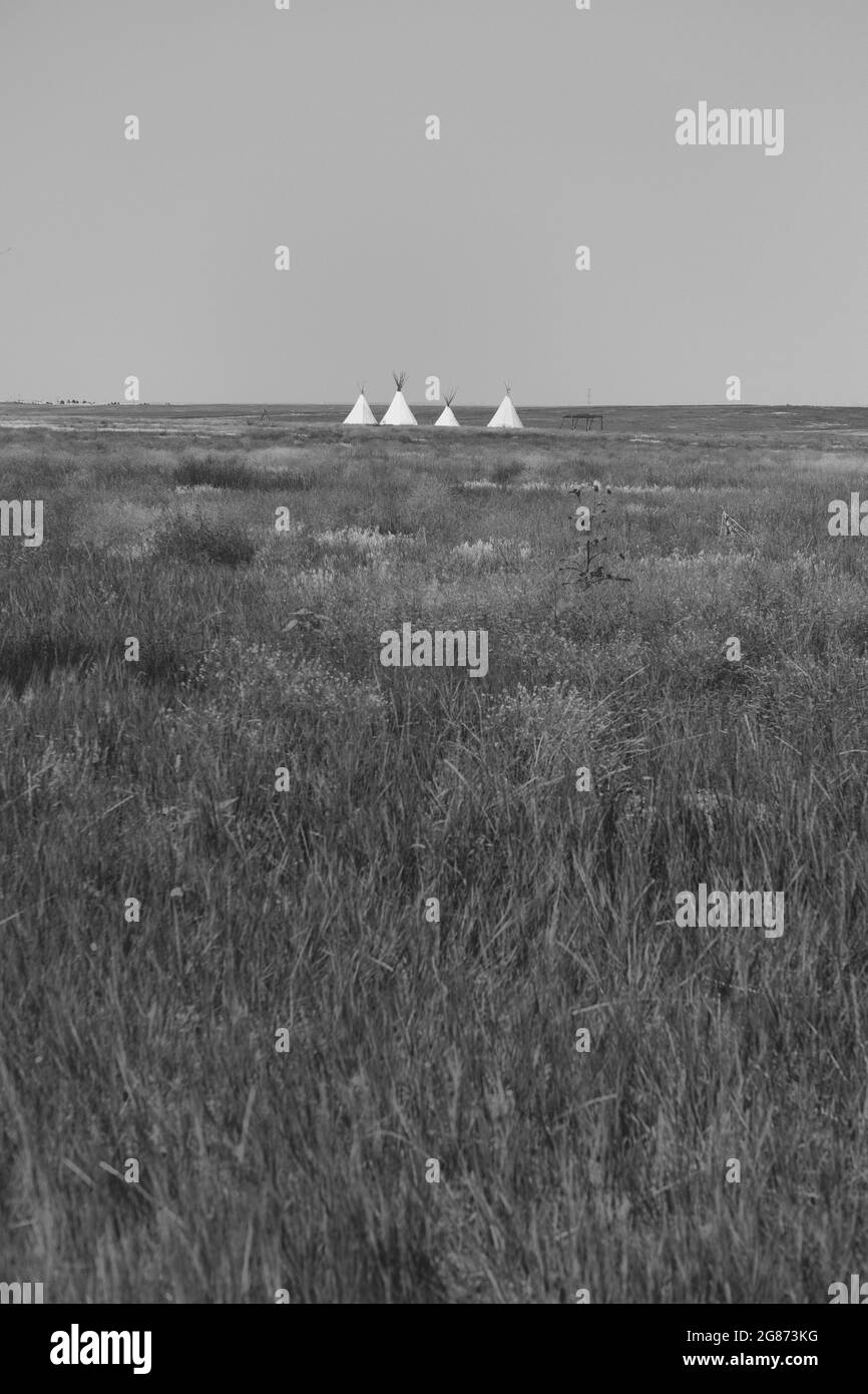Native American tipi structures at the Plains Conservation Center in Aurora, Colorado; part of the prairie's indigenous history used for education. Stock Photo