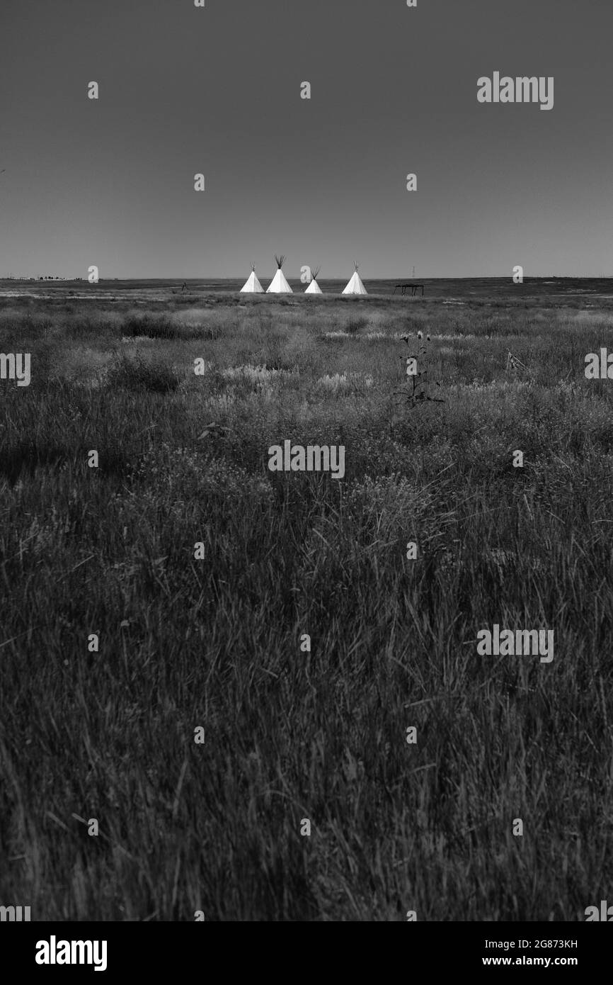 Native American tipi structures at the Plains Conservation Center in Aurora, Colorado; part of the prairie's indigenous history used for education. Stock Photo