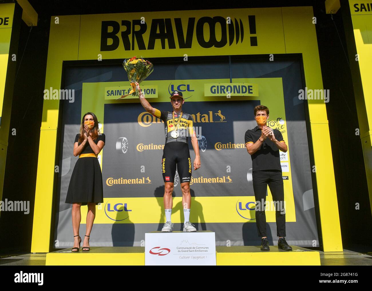 LIBOURNE to SAINT-EMILION , France, 17 July 2021, Jumbo Visma Wout Van Aert celebrates the stage win on the podium Credit:David Stockman/Pool/Goding Images/Alamy Live News Stock Photo