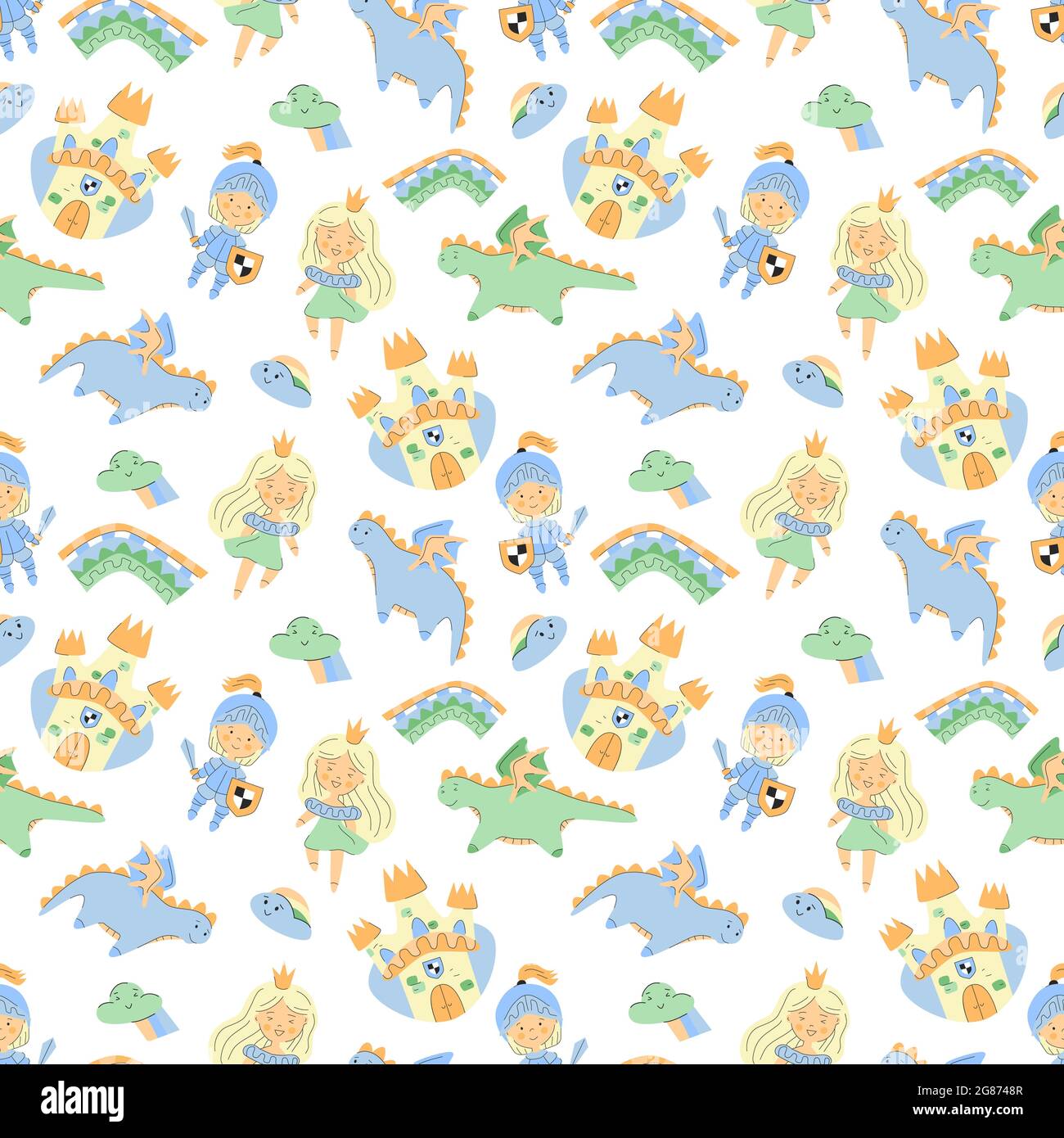 Fairy tale seamless pattern with castle princess knight dragons and ...