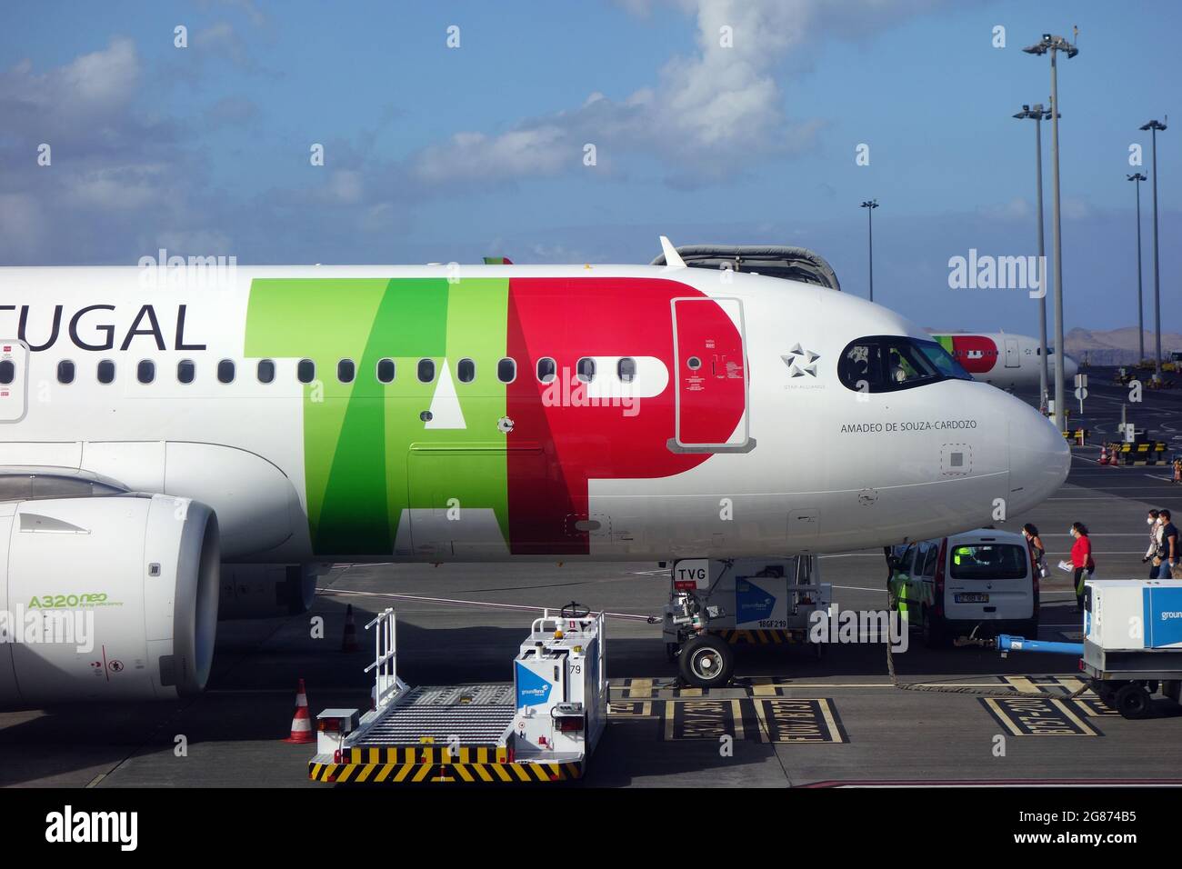 TAP Air Portugal, airplane at the airport, Funchal, Madeira, Portugal, Europe Stock Photo
