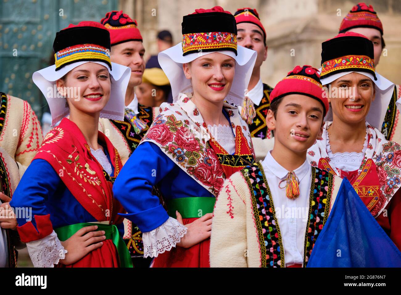 French Pyrenees Folklore group in local costume of the couserans posing during the costume show of Etnovyr Festival in street of Lviv. Lviv, Ukraine - Stock Photo