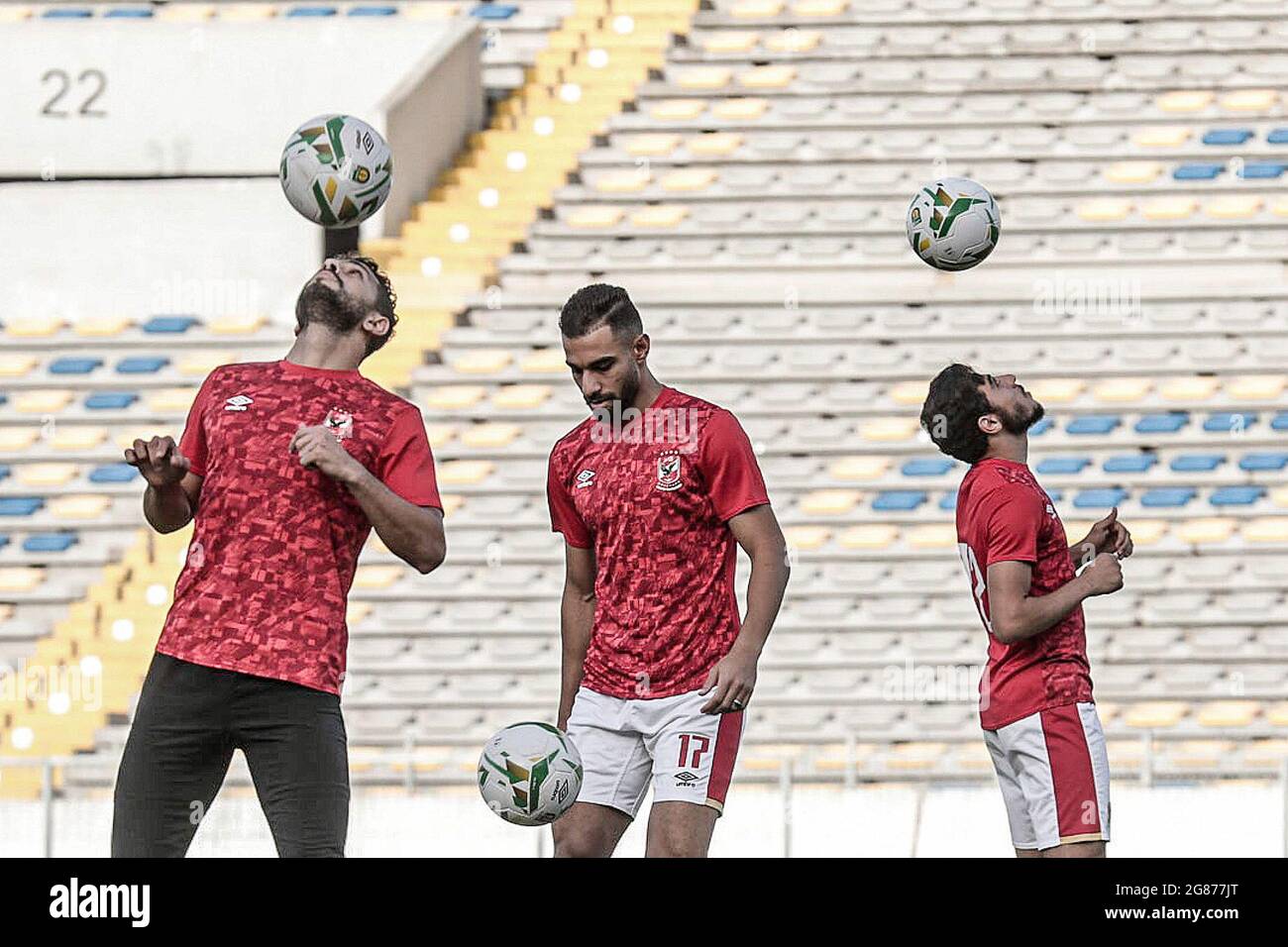 Casablanca, Morocco. 17th July, 2021. (L-R) Al Ahly's Ayman Ashraf, Amr ...