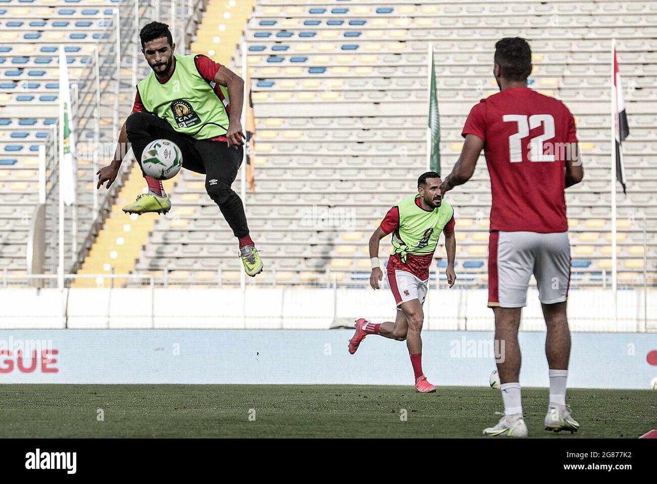 Casablanca, Morocco. 17th July, 2021. (L-R) Al Ahly's Ayman Ashraf, Ali Maaloul and Mohamed Sherif warm-up before the start of the CAF Champions League Final soccer match between Kaizer Chiefs FC and Al Ahly SC at Mohamed V Stadium. Credit: Stringer/dpa/Alamy Live News Stock Photo