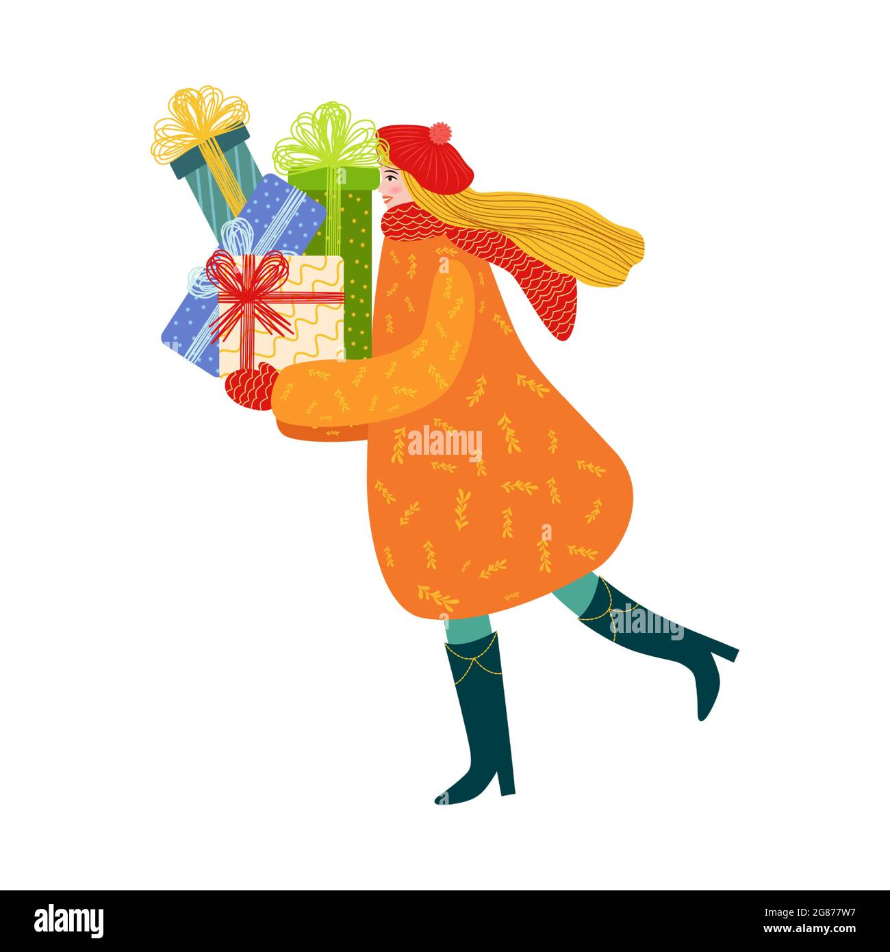 Girl with gifts for holiday or sale. Young Woman Shopping and Carrying Gift Boxes Stock Vector