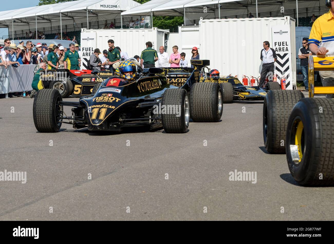 Lotus 88 at the Goodwood Festival of Speed 2013. Twin Chassis Lotus-Cosworth 88B, ground effect Formula One car of Team Essex Lotus. Driving out Stock Photo