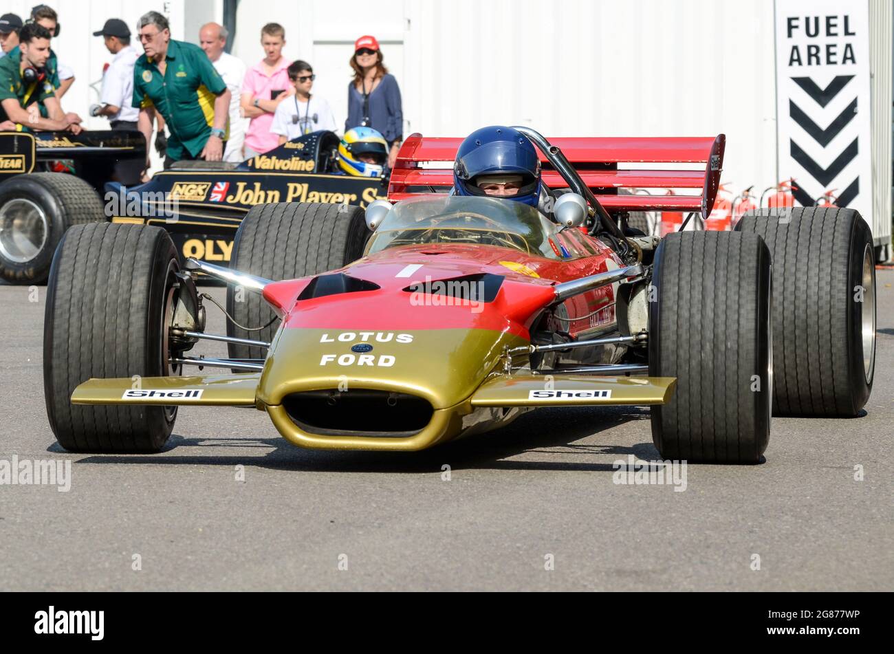 1968 Lotus 49 Grand Prix, Formula 1 racing car at the Goodwood Festival of Speed 2013. Gold Leaf sponsorship colours red and gold. 1960s F1 vintage Stock Photo