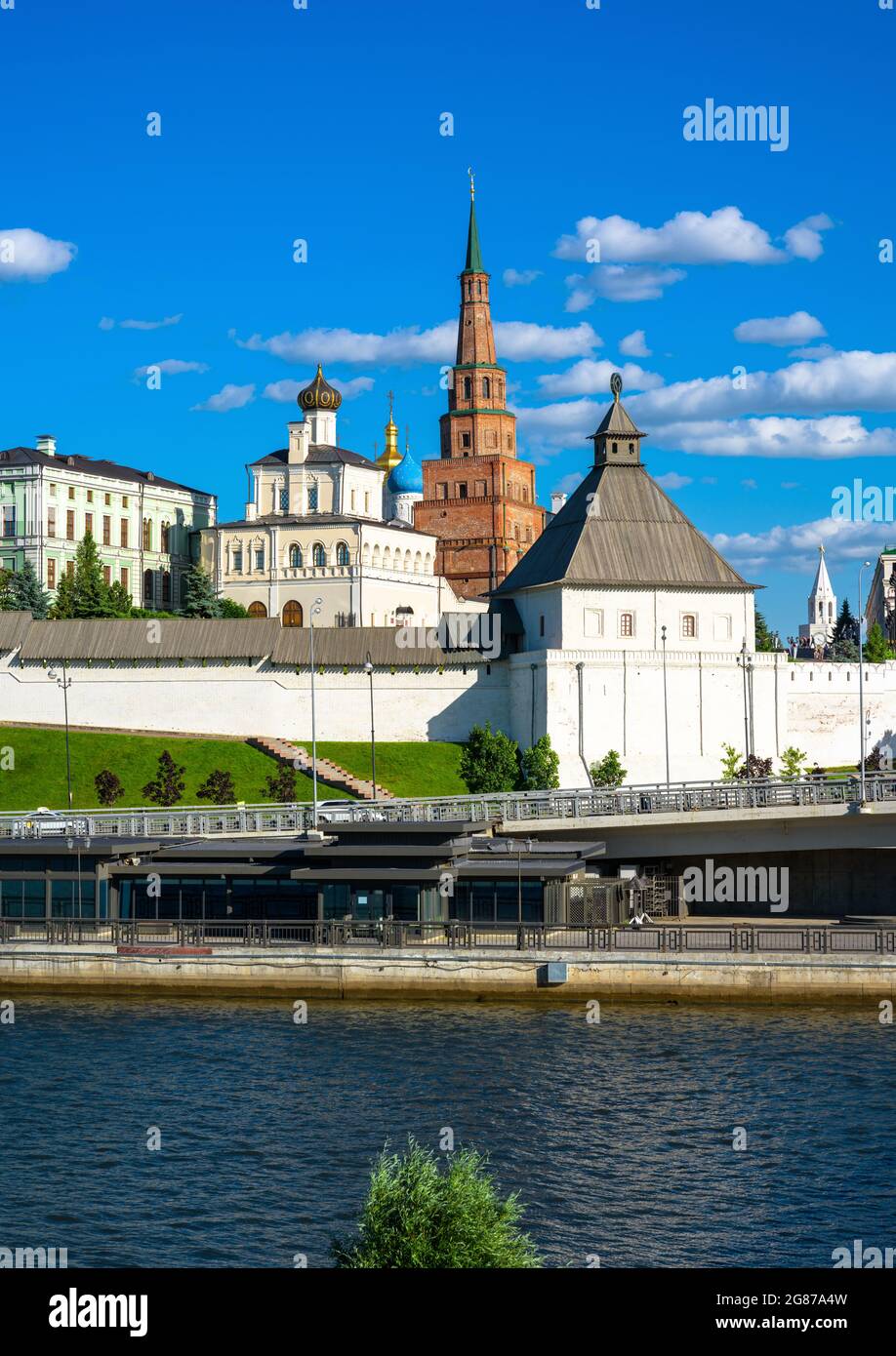 Kazan Kremlin in summer, Tatarstan, Russia. It is top tourist attraction of Kazan. Vertical view of old white fortress and landmarks inside it. Histor Stock Photo