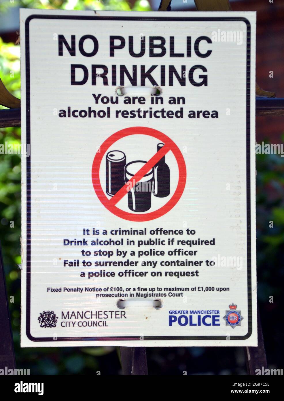 Notice: No Public Drinking in the Gay Village, in central Manchester, England, UK. Stock Photo