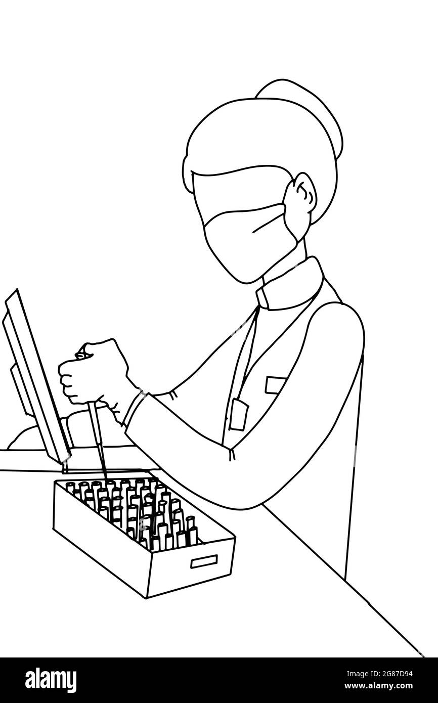 The scientist is researching for medicine in laboratory line drawing Stock Photo