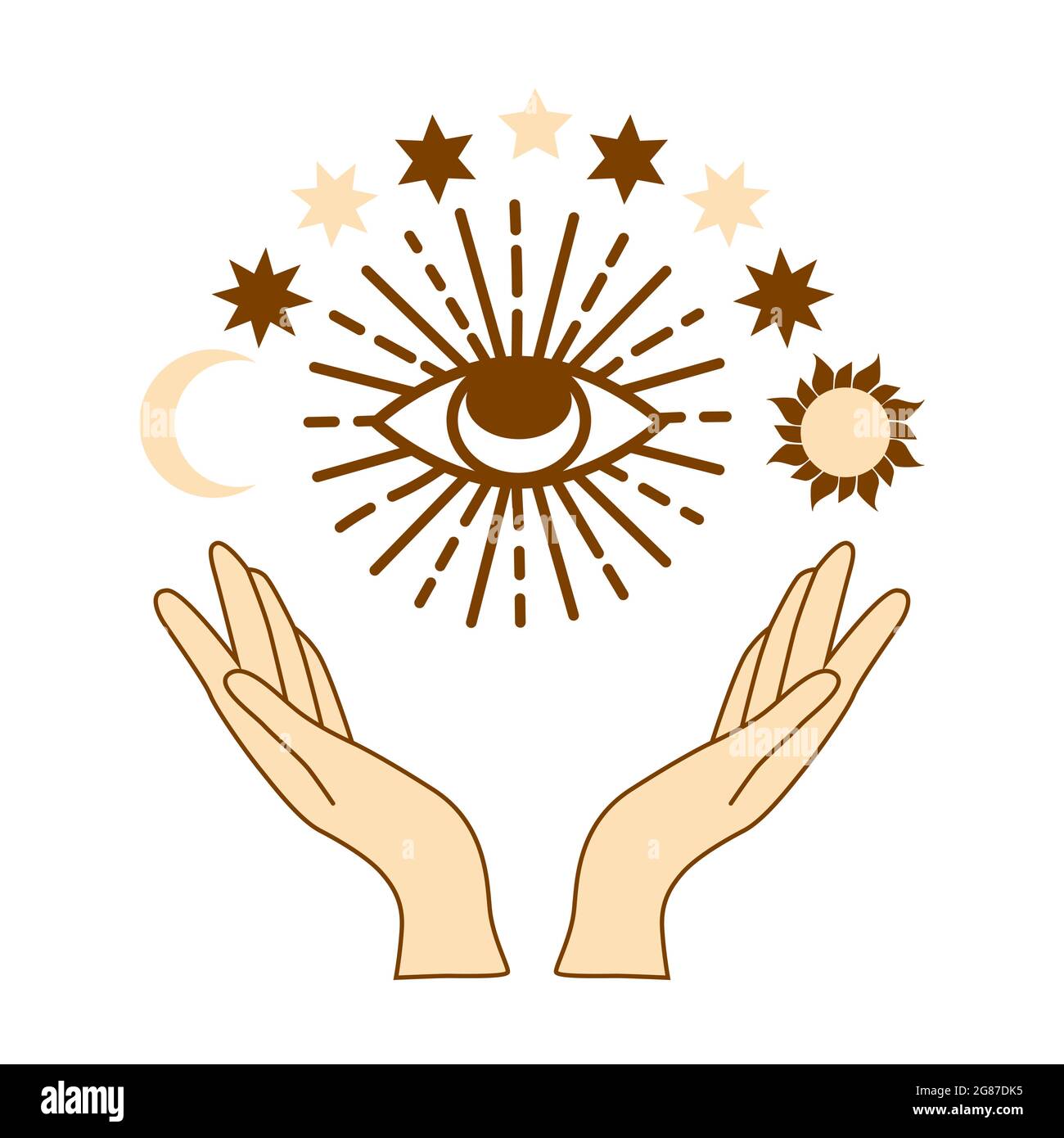 illustration of mystical goddess hands,evil eye, celestial symbols of moon phase. Esoteric, spiritual, wicca occult inspired concept. trendy beige Stock Vector