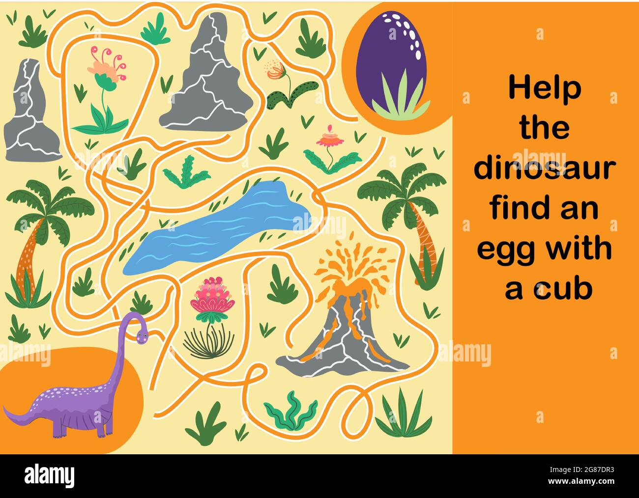 Help dinosaur find path to nest. Labyrinth. Maze game for kids. Help dino moms to find their eggs kid learning game with maze Stock Vector