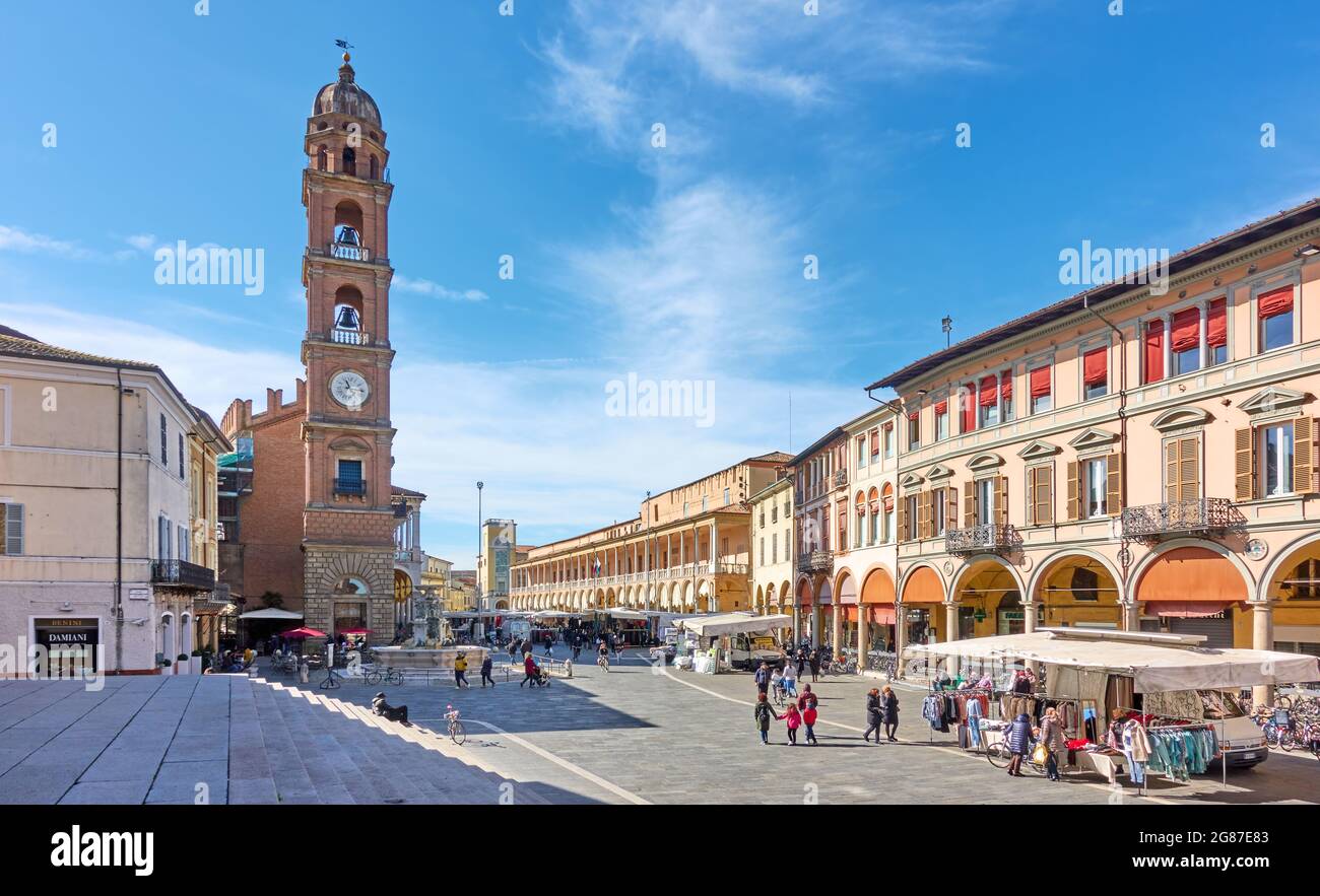 Faenza, Italy - February 27, 2020: View of Piazza del Popolo with weekly market in Faenza, Emilia-Romagna, Italy Stock Photo