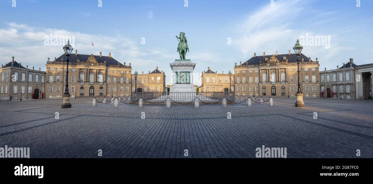 Panoramic view of Amalienborg Palace and Frederick V Statue - Copenhagen, Denmark Stock Photo