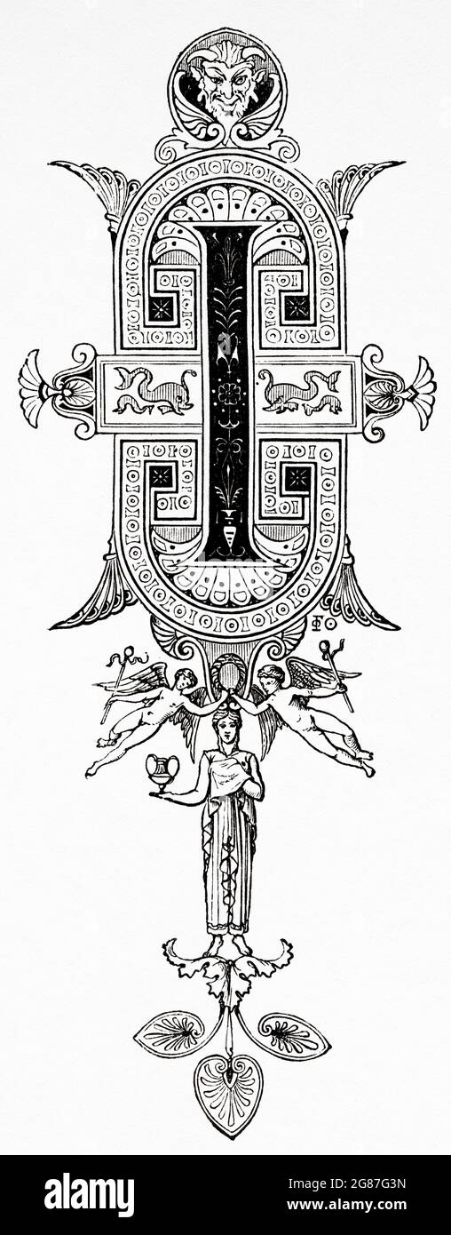 Calligraphic Design Font. Initial letter I. Old 19th century engraved illustration from El Mundo Ilustrado 1880 Stock Photo