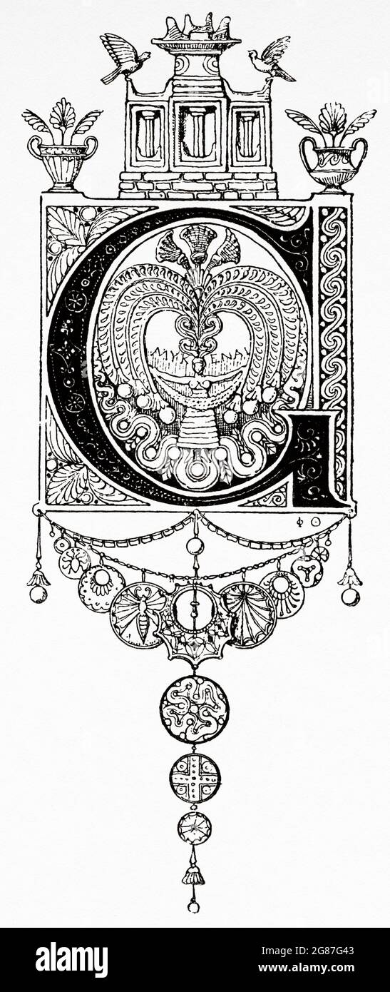 Calligraphic Design Font. Initial letter G. Old 19th century engraved illustration from El Mundo Ilustrado 1880 Stock Photo