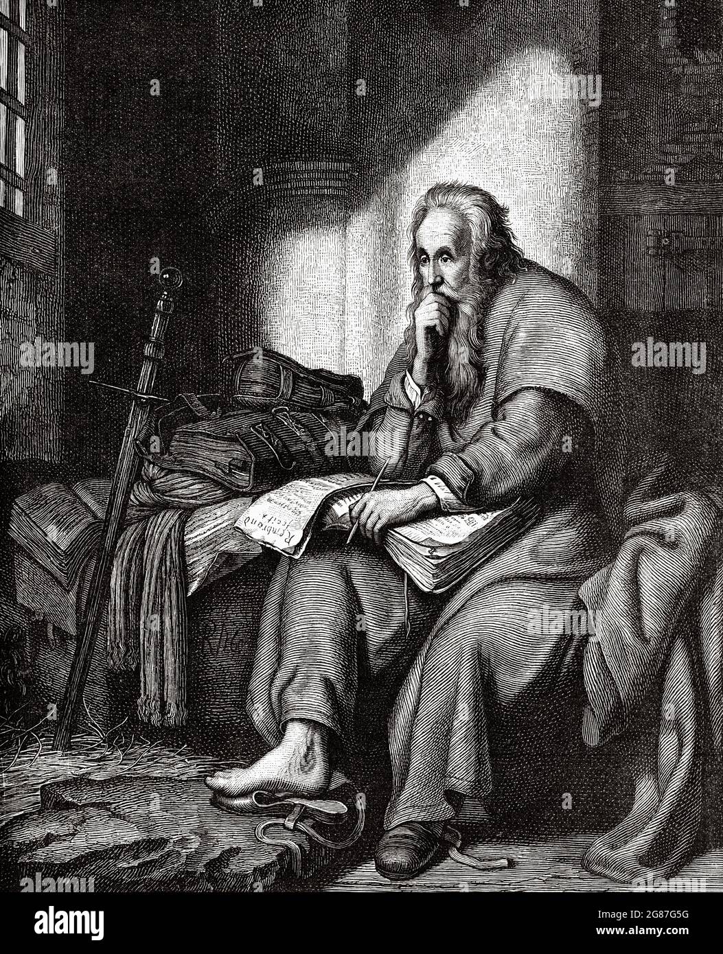 St Paul the Apostle in prison, writing his epistle to the Ephesians. Old 19th century engraved illustration from El Mundo Ilustrado 1880 Stock Photo