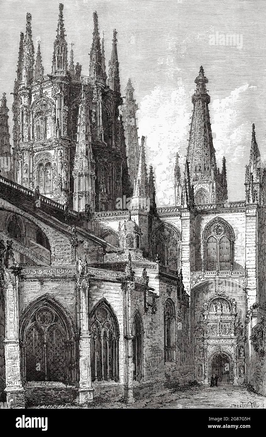 Pellejería door or Corralejo is one of the four gates of the cathedral of Burgos which was built by Juan Rodríguez, Spain. Europe. Old 19th century engraved illustration from El Mundo Ilustrado 1880 Stock Photo