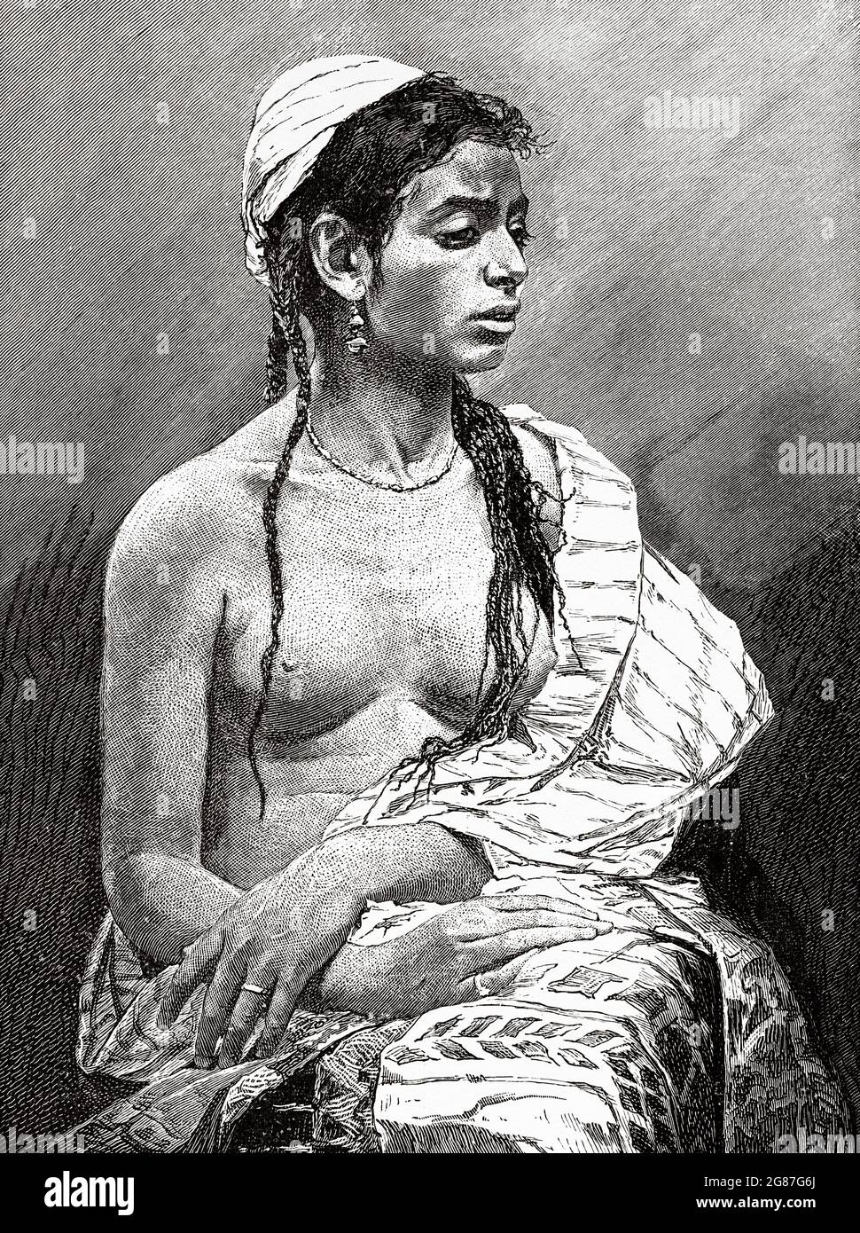 Hamida. Young, beautiful, poor and ambitious girl who dreams of marrying some rich man, Egypt, North Africa. Old 19th century engraved illustration from El Mundo Ilustrado 1880 Stock Photo