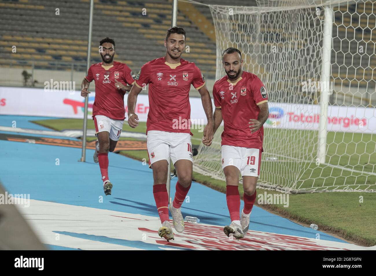 Casablanca, Morocco. 17th July, 2021. Al Ahly's Mohamed Sherif (C) celebrates scoring his side's first goal with team mates Mohamed Magdy Afsha (R) and Hussein El Shahat during the CAF Champions League Final soccer match between Kaizer Chiefs FC and Al Ahly SC at Mohamed V Stadium. Credit: Stringer/dpa/Alamy Live News Stock Photo