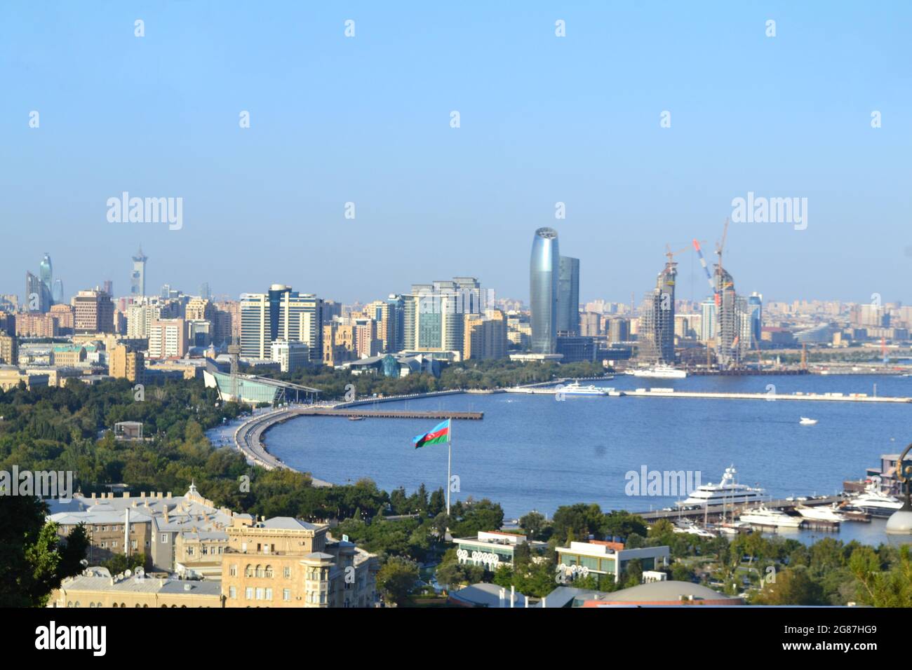 Baku city icon view panoramic cityscape with azerbaijan flag and ...