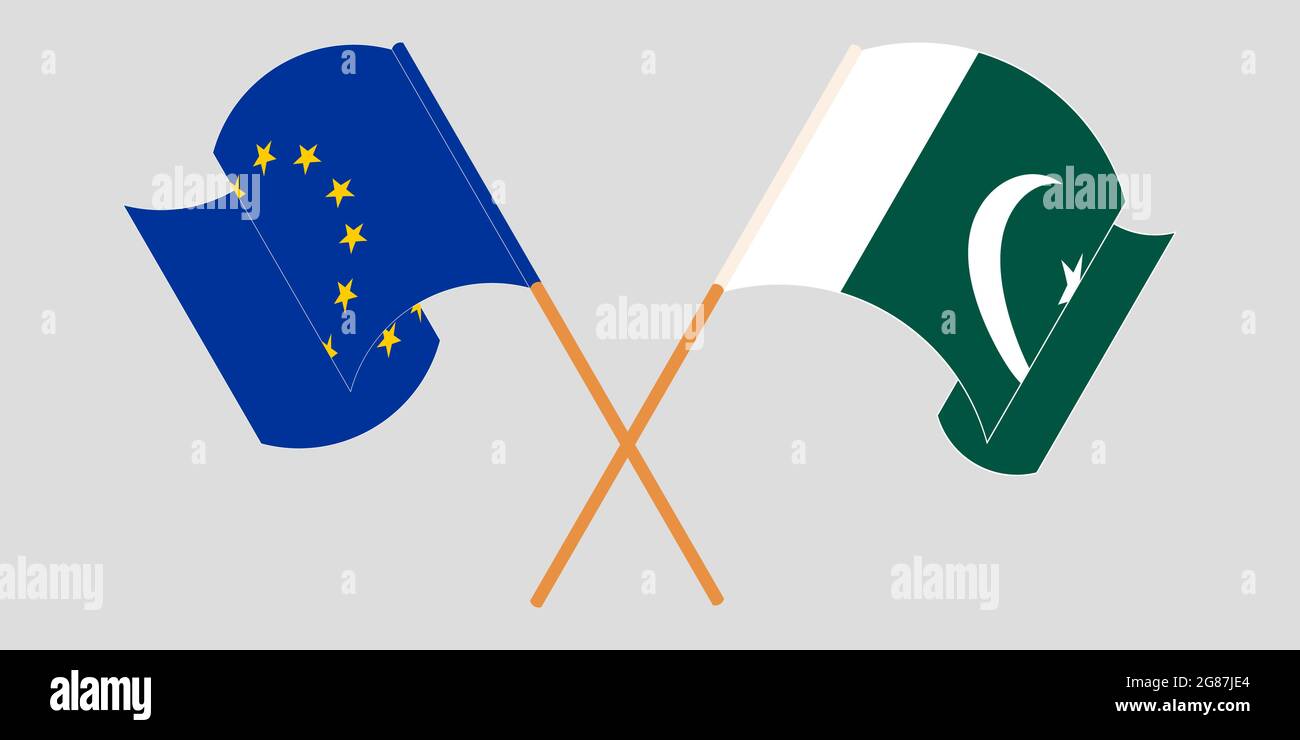 Crossed and waving flags of Pakistan and the EU. Vector illustration Stock Vector