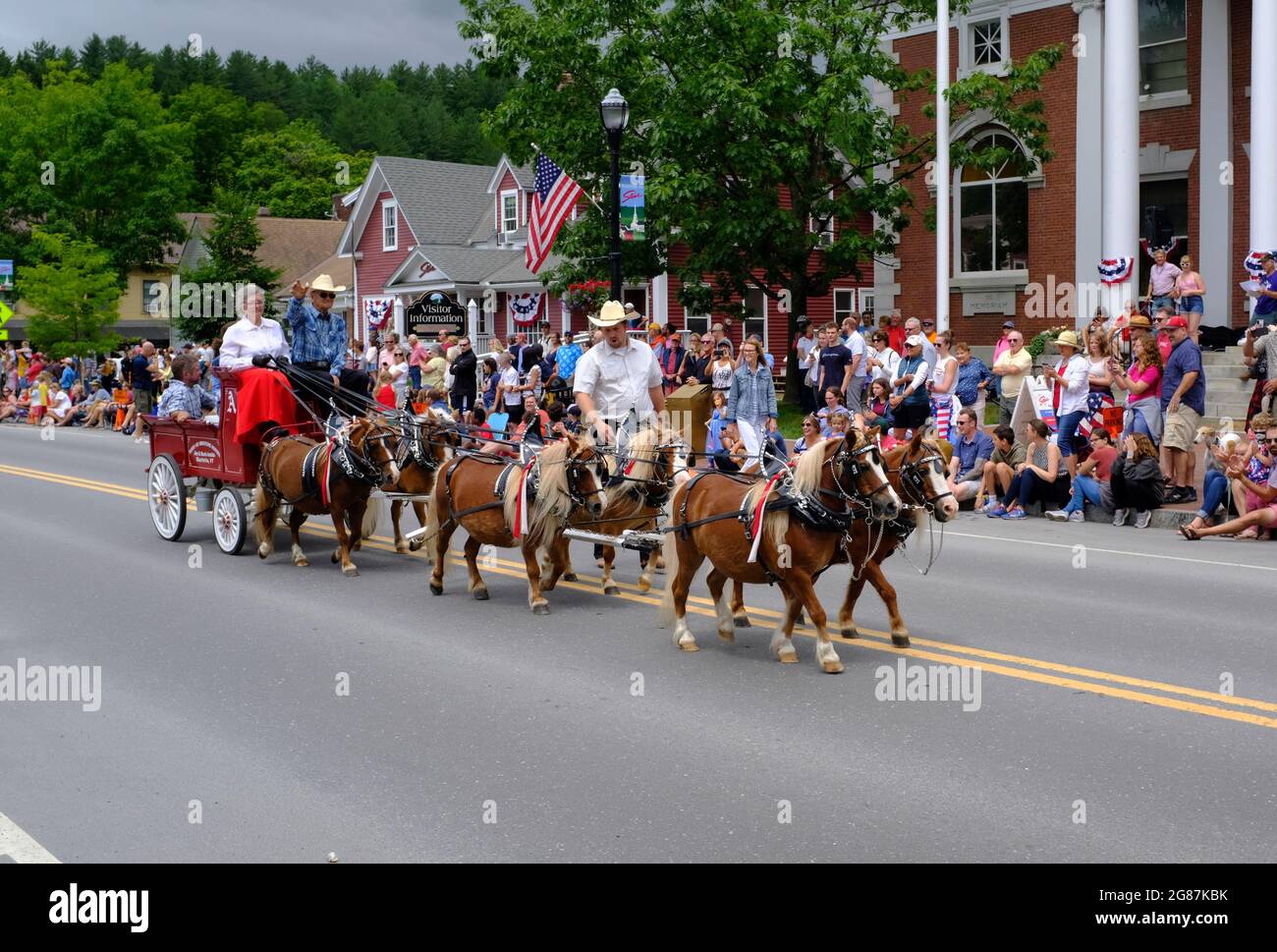 A float pulled by little horses in the 4th of July Parade in Stowe
