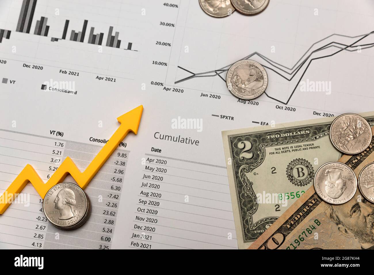 investment report, financial quarterly report, money on a printed sheet