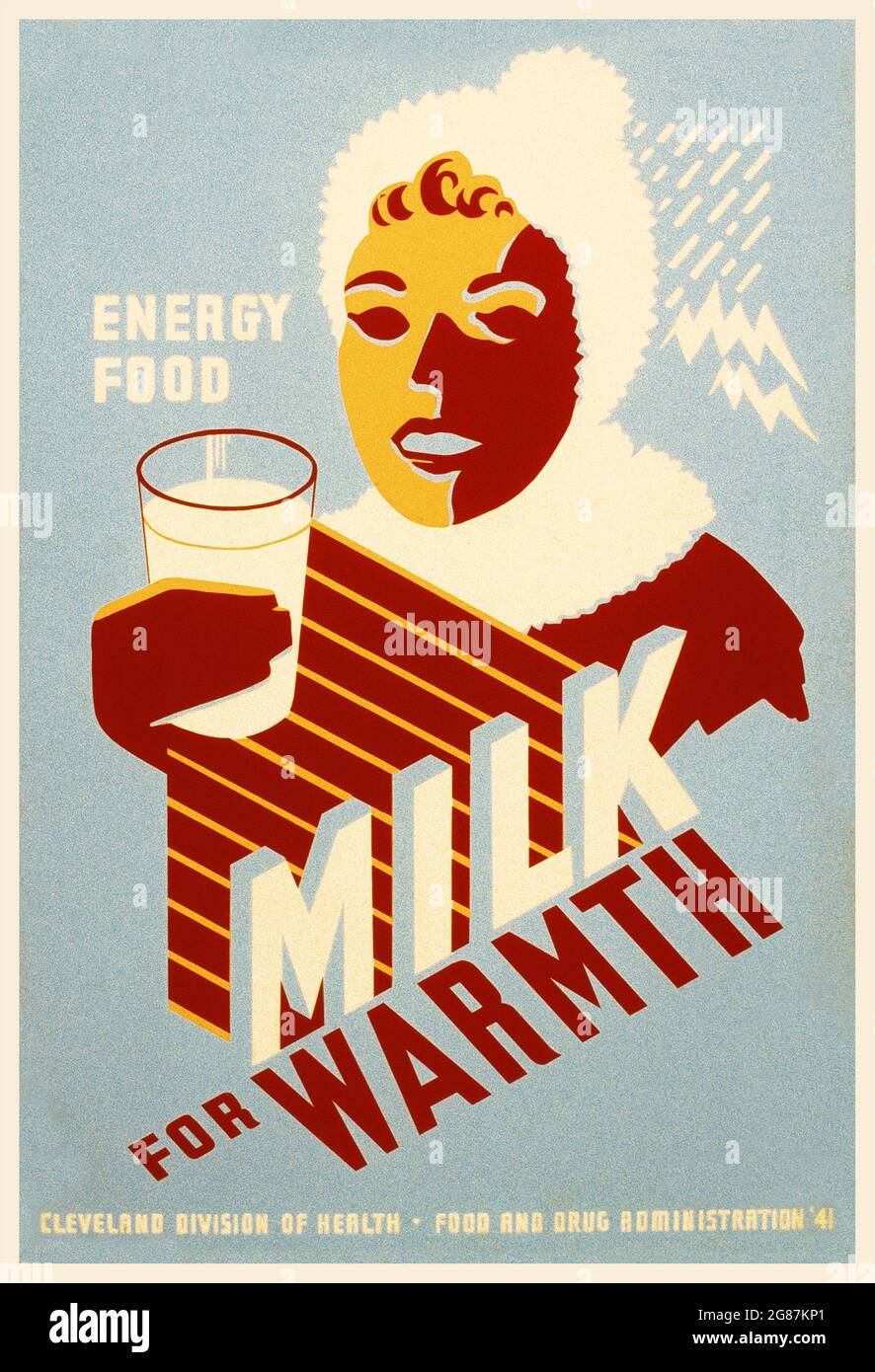 Work Projects Administration Poster (WPA). Milk for Warmth. Energy Food. 1941. Illustration. Stock Photo