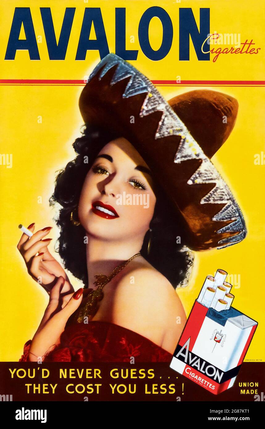 Vintage poster / ad. Advertising Avalon Cigarettes, which gained a steady customer base by selling for a nickel less than the majority. Stock Photo