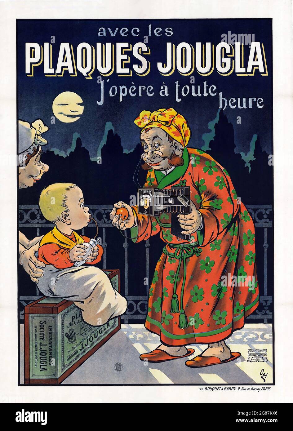 Vintage advertisement poster. Artwork by Eugène Ogé – Avec les Plaques Jougla 1905. Stock Photo
