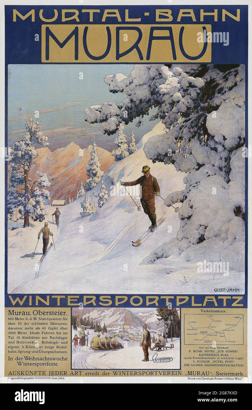 Vintage advertisement. Classic poster / ad. Gustav Jahn Murtal-Bahn. German: Murtal-Bahn - Murau - Wintersportplatz. Travel poster. Stock Photo
